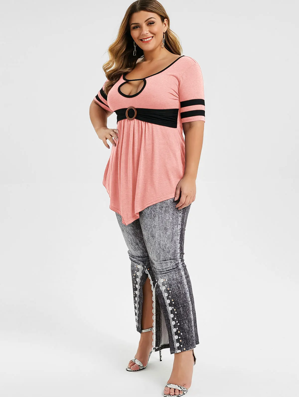 ROSEGAL, размера плюс, Замочная скважина, контрастная отделка, изогнутая футболка, короткий рукав, длинная рубашка в полоску, женские сексуальные топы с высокой талией