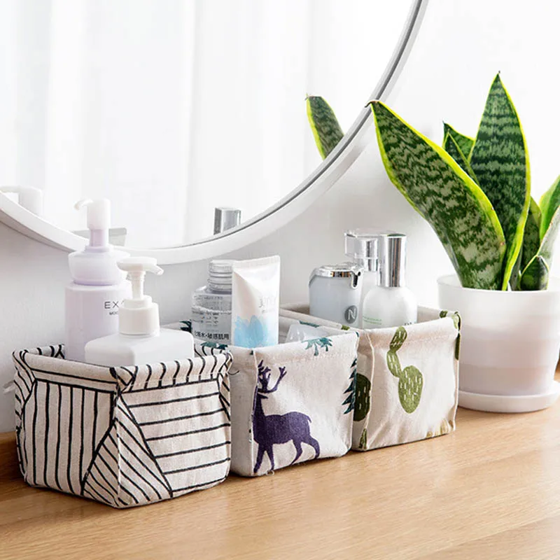 

Foldable Cute Printing Cosmetics Container Multifunction Cotton Sundries Storage Basket Linen Storage Case Box Desktop Organizer
