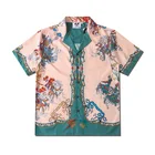 Рубашка мужская с цветочным принтом, Повседневная модная тонкая свободная пляжная сорочка с отложным воротником, в гавайском стиле, с коротким рукавом, в стиле Харадзюку, лето 2021