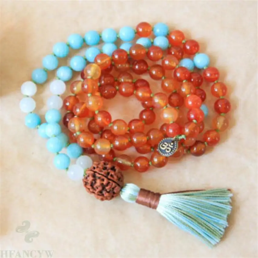 

6MM Red Chalcedony Aquamarine Mala necklace 108 Beads Tassel Healing Meditation MONK Wristband Gemstone Lucky Sutra Bless