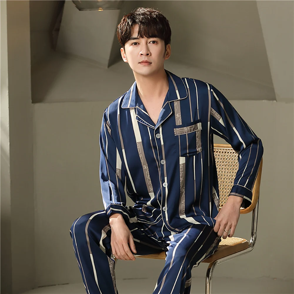 

Spring Ice Silk Thin Pajama Sets Men Summer Pajama Male Print Sleep Tops+Elastic Waist Trousers Loose Soft Pijama Sleepwear Sets
