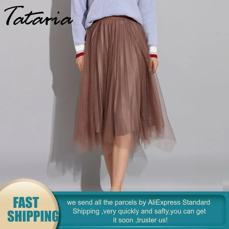 Tataria high Waist Long Tutu Skirt Women Pleated Skirts Women's Winter Autumn Brown For Elegant Midi | Женская одежда