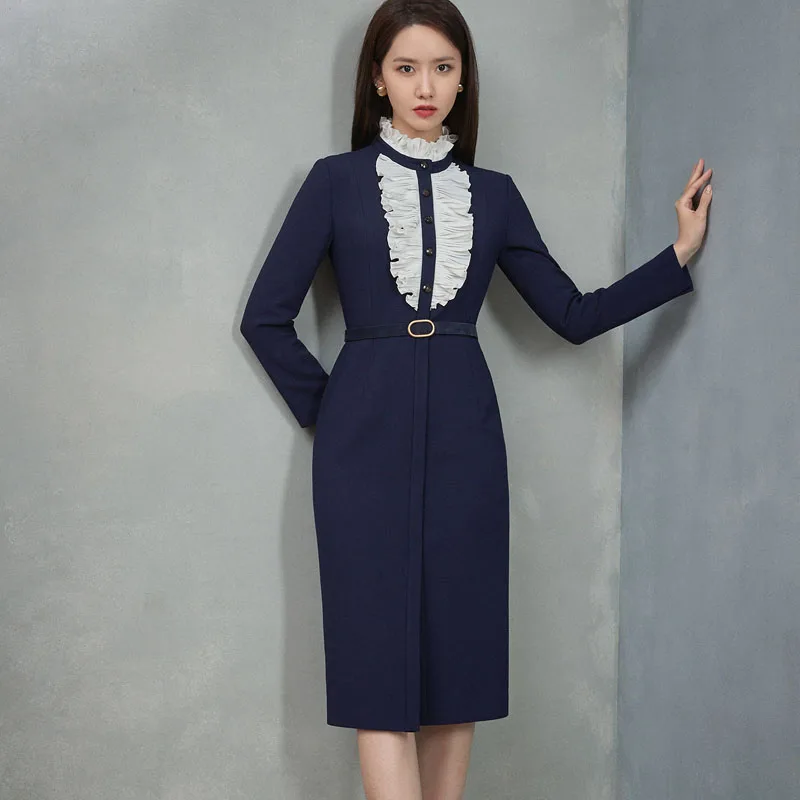 

Autumn New Style Ruffled Waistband Elegant Temperament Long Sleeves Slit Single Breasted Dress Women'S Clothing High Quality