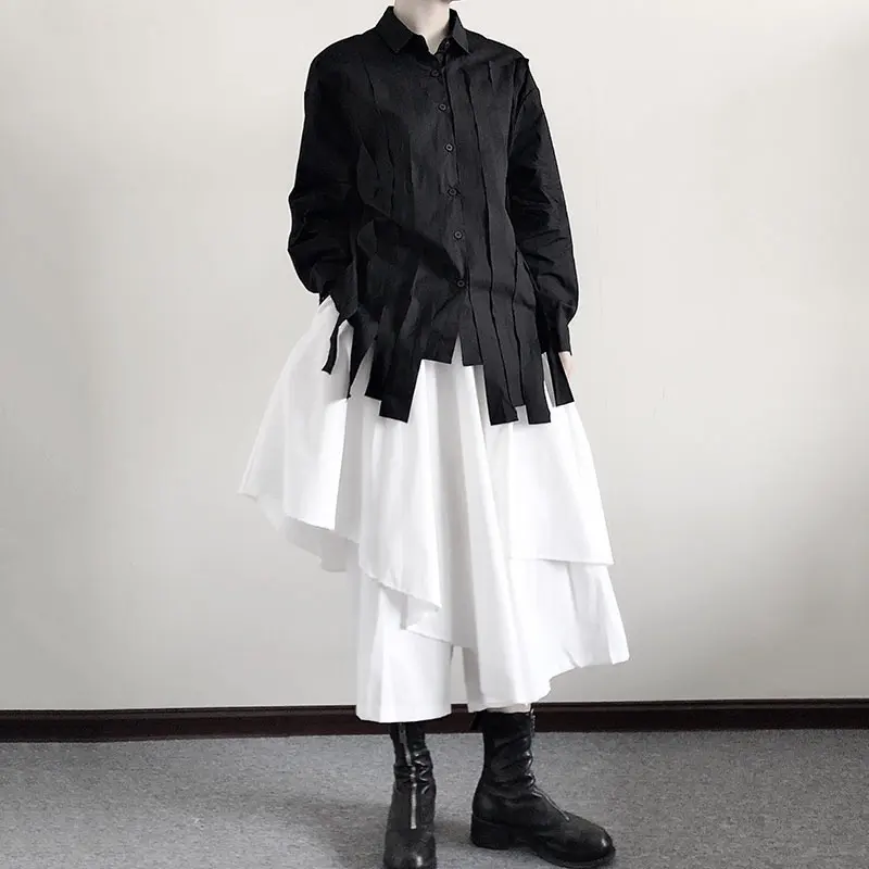 

XITAO Solid Color Women Shirt New Irregular Tassel Ribbon Splicing Winter Fashion Temperament Casual Street Trendy ZP2055