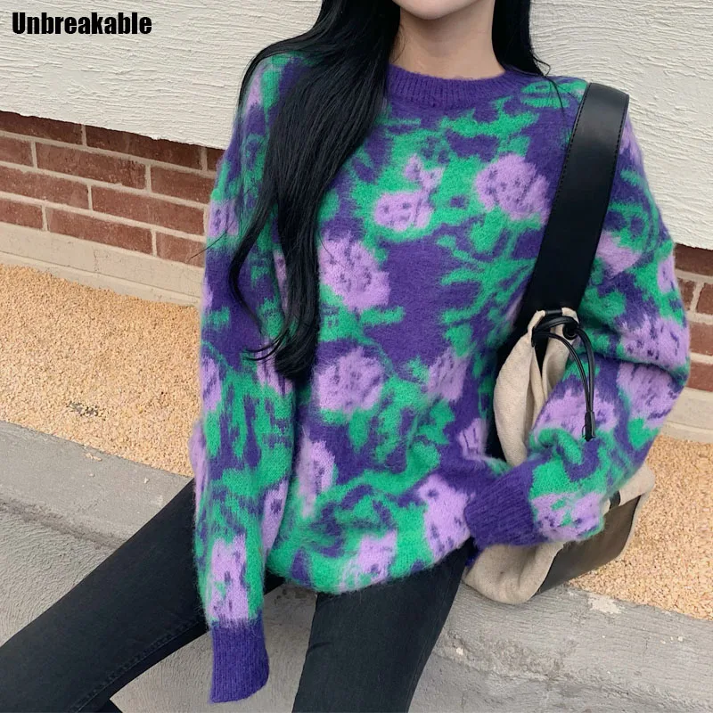

Women's Colorful Thick Sweater Mohair Personality O Neck Knitted Pullver Painting French Style Loose Slim Jumper Tops for Female