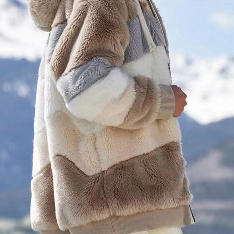 

Women Winter Fuzzy Plush Warm Hoodie Jacket Long Sleeve Shaggy Oversized Coat Color Block Striped Zip Up Outerwear S-3XL