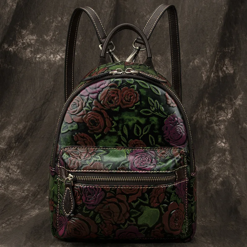 

Women High Quality Embossing Backpack School Rucksack Floral Bag Multi-Capacity Travel Female Knapsack Genuine Leather Daypack