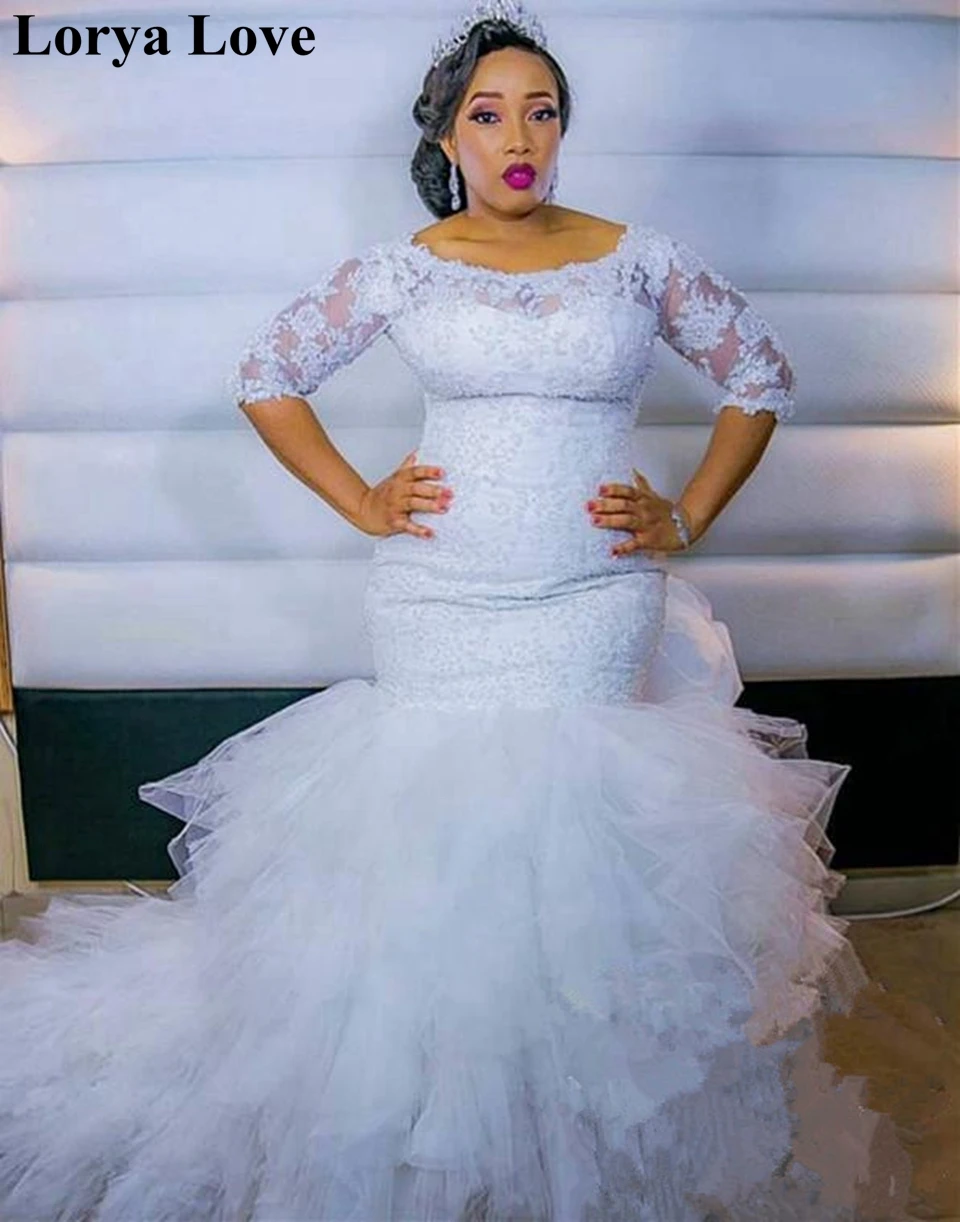 

Half Sleeves Ruffles Wedding Dresses 2020 White Mermaid Elegant Plus Size Bridal Gown Lace Appliques Tulle Long Vestido De Noiva