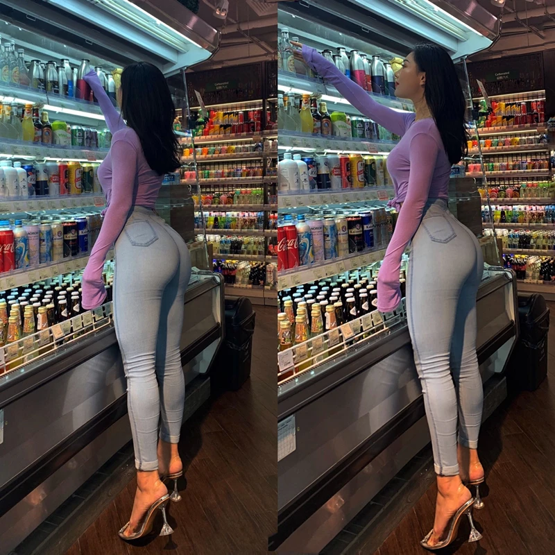 Джинсы женские с завышенной талией эластичные модные пикантные брюки-карандаш