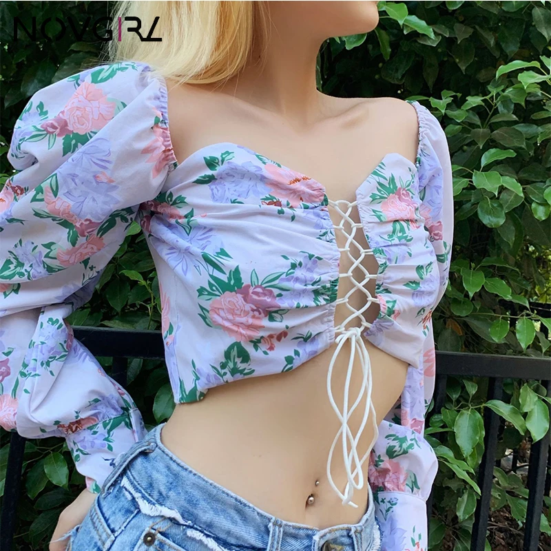 Novgirl/женские короткие топы на шнуровке с цветочным принтом коллекция 2019 года