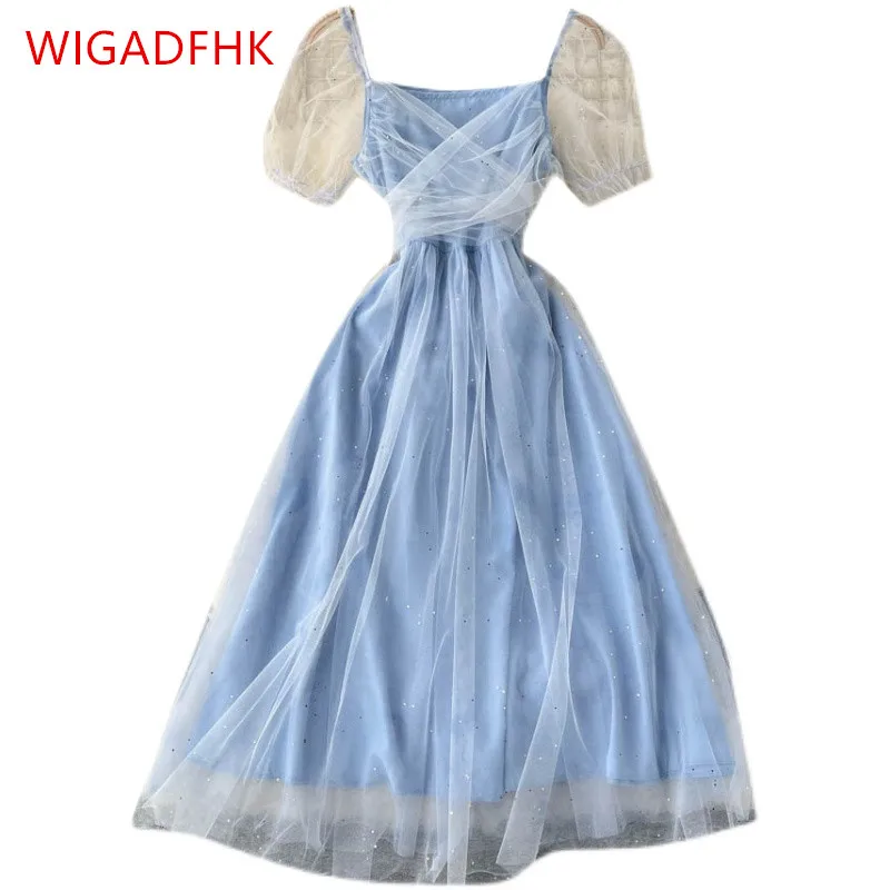 

WIGADFHK Sweet Puff Sleeve Dress 2022 Spring/Summer New Fashion Mesh Sequin Slim Mid-length Dress
