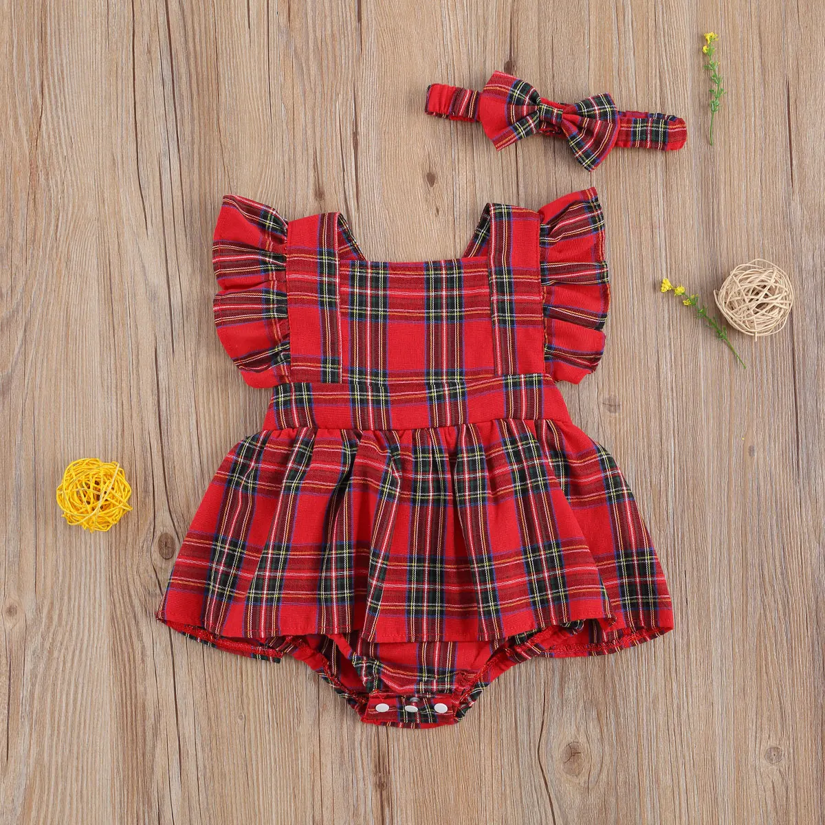 

Newborn Baby Girl Romper Christmas Bodysuit Plaid Butterfly Sleeve Jumpsuit Bow Headband Girls Xmas Outfits 0-24months