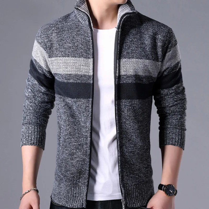 CYSINCOS2019 толстый свитер для мужчин в полоску с воротником стойкой на молнии пальто