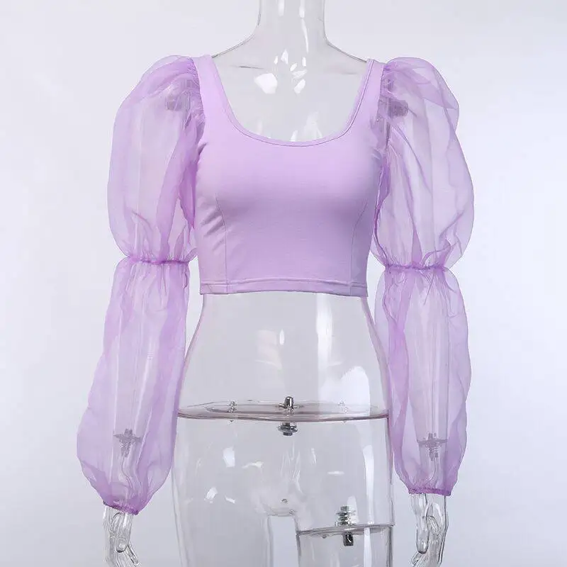 С пышными рукавами и квадратным вырезом Элегантная футболка весеннее