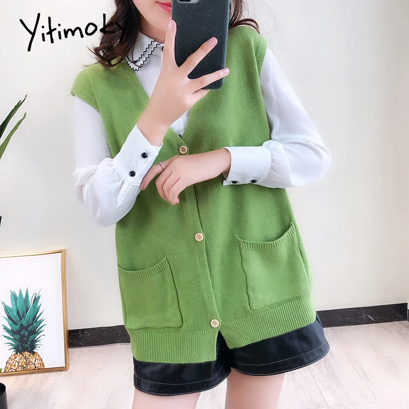 Желтый свитер жилет женский кардиган без рукавов 2019 Модный однобортный