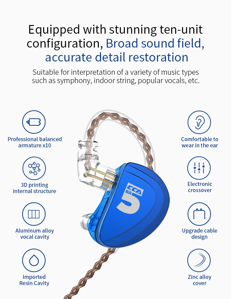CCA A10 десять блок уравновешенного якоря проводной регулируемых наушников с 0 75 мм