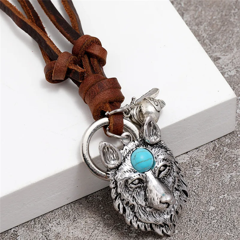 

Blue Eye Wolf Head Pendant Necklaces Men Amulet Viking Leather chain Necklace For Women Vintage Jewelry