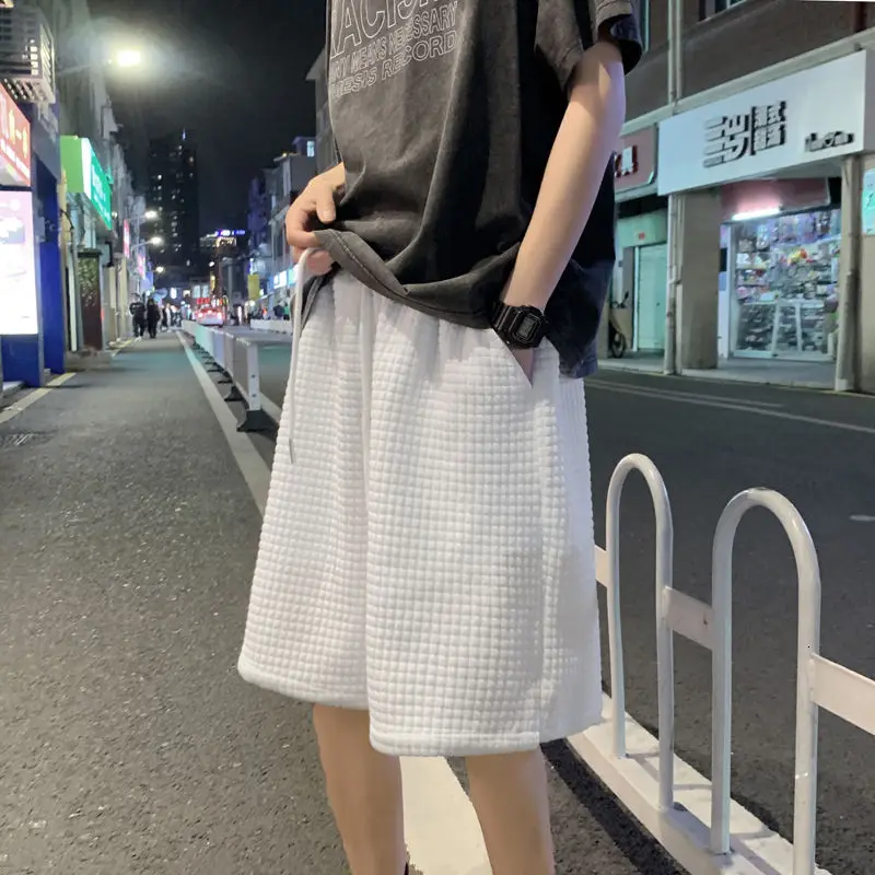

Summer Drawstring Plaid Shorts Men's Fashion Solid Color Casual Shorts Men Streetwear Korean Loose Wide-leg Shorts Mens M-2XL