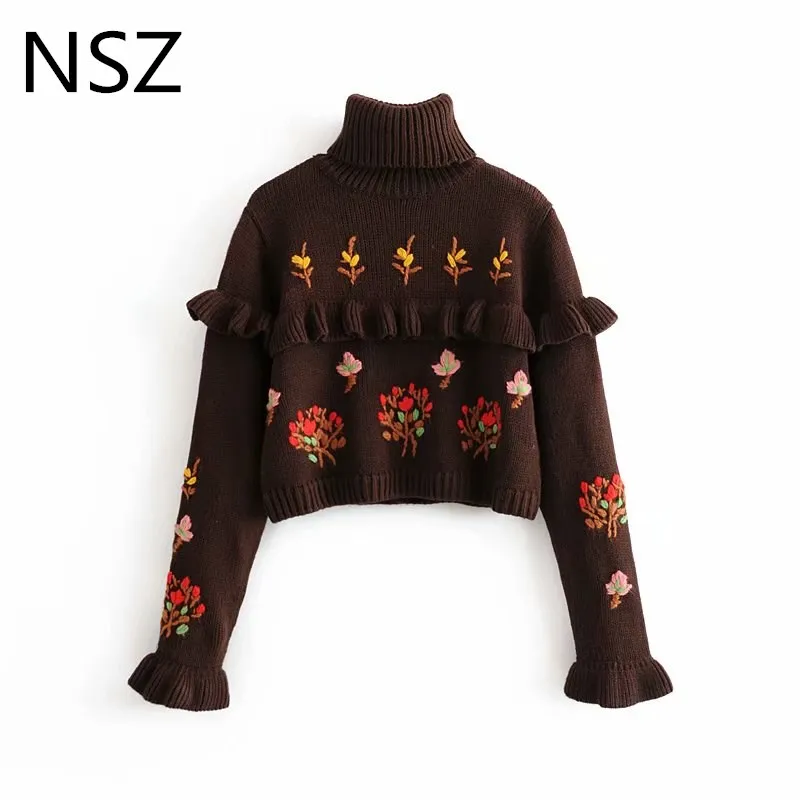 NSZ women embroidery cropped sweater flare sleeve high neck ruffles laminated knitwear crop pullover jumper femme | Женская одежда