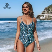 cupshe blue leopard print v neck one piece swimsuit sexy cutout padded women monokini 2021 girls beach bathing suits swimwear