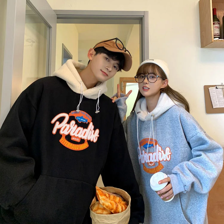 

Contrasting Color Stitching Sweatshirt Long Sleeve Hooded Embroidered Letters Top Loose Hiphop Sports Pullover Outer Men Clothes