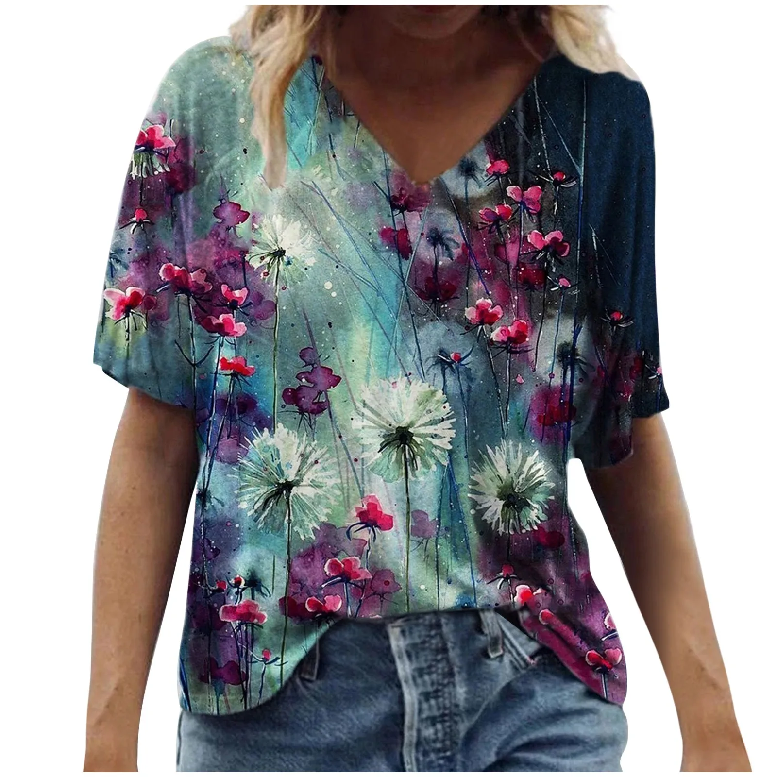 

US Size Women'S Summer Dress 2021 Plants Flowers 3D Printing Short-Sleeve Loose And Casual T-shirt V-Neck Tee Tops