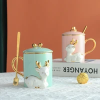 scandinavian macarone candy color deer ceramic cup with lid spoon couple breakfast milk cup gift box set