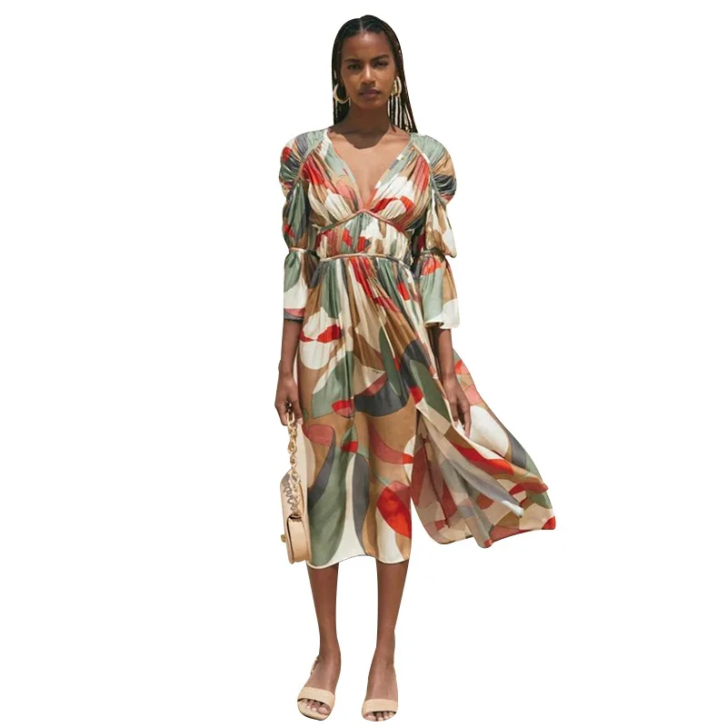 

Donsignet Fashion Women's Dress New Summer Casual V-neck Hedging Print Sexy Waist Big Swing Three-quarter Sleeve Dress