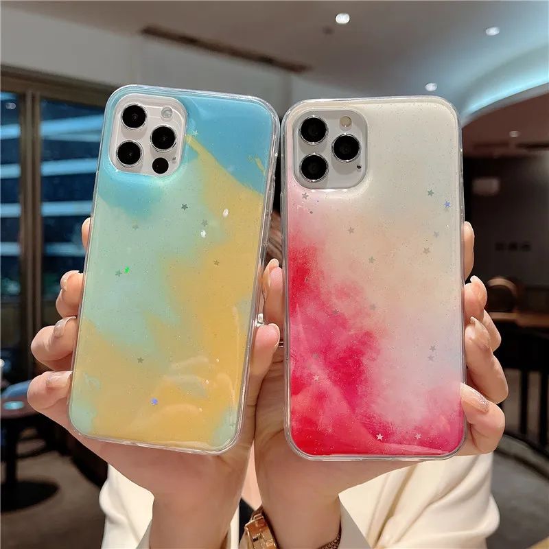 

Smooth Glitter Watercolour Lens Protect Phone Case For iPhone 11 12 Pro X XR XS Max 7 8 Plus SE 2020 Shockproof Soft TPU Cover