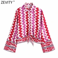 zevity new women vintage color matching geometric print satin smock blouse office lady hem knotted shirt chic blusas tops ls9584