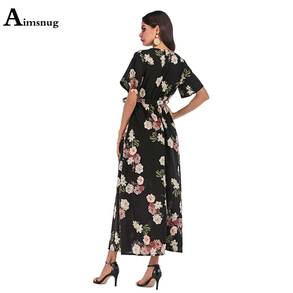 

High Split Women Summer Long Dress Sexy V-neck Boho Flower Print Beach Dresses 2021 Ladies Eleagnt Leisure Casual Maxi Dress