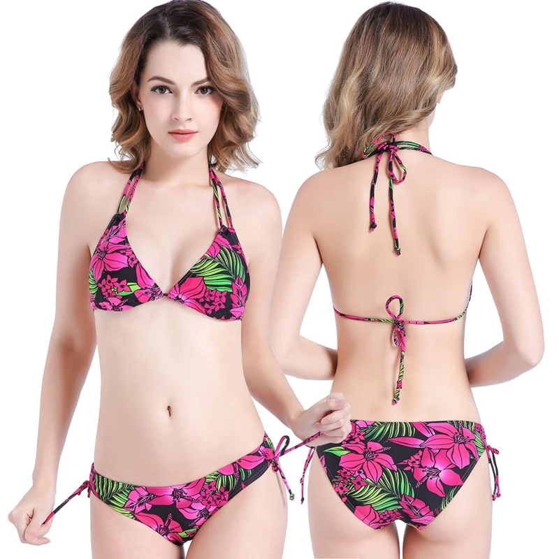 

Nylon Lycra Fabric Plus Size Bikini Set Fully Lined Most Popular Floral Bikini Women Swimwear Adjustable Neck - tie Swimsuit