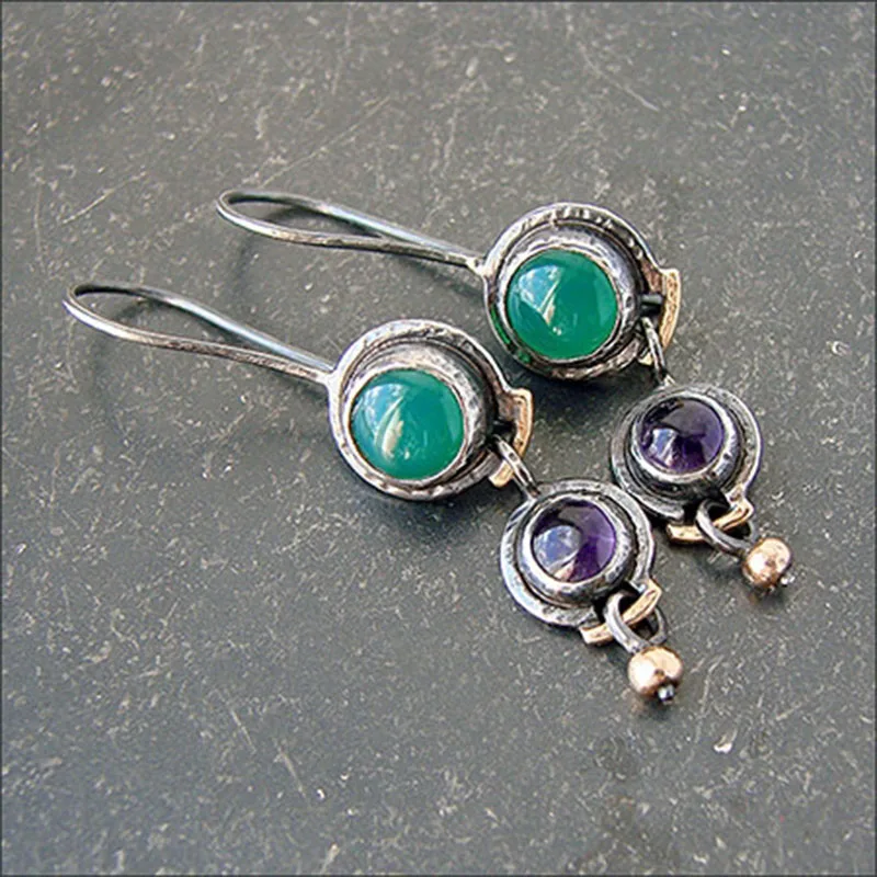 

Vintage Female Jewelry Natural Green Emerald Purple Amethyst Gemstone Dangle Hook Earring Wedding Engagement Earrings for Women