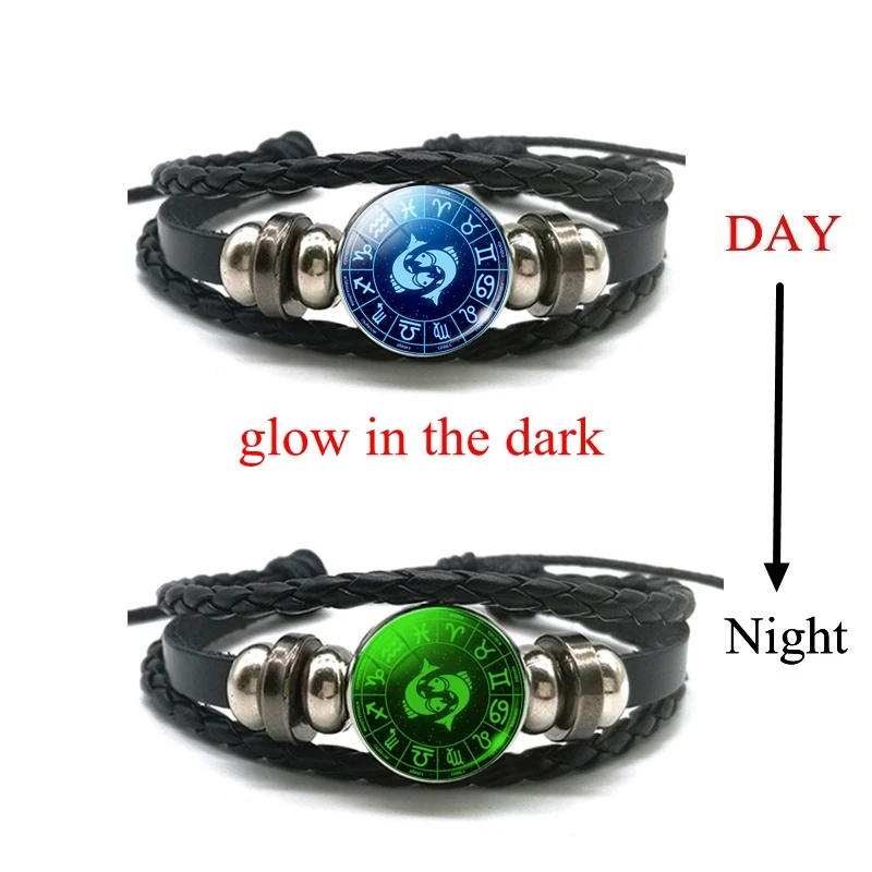 12 Constellation Zodiac Luminous Bracelet Men Leather Charm Bracelets for Boys Women Girl Jewelry Accessories Gifts | Украшения и