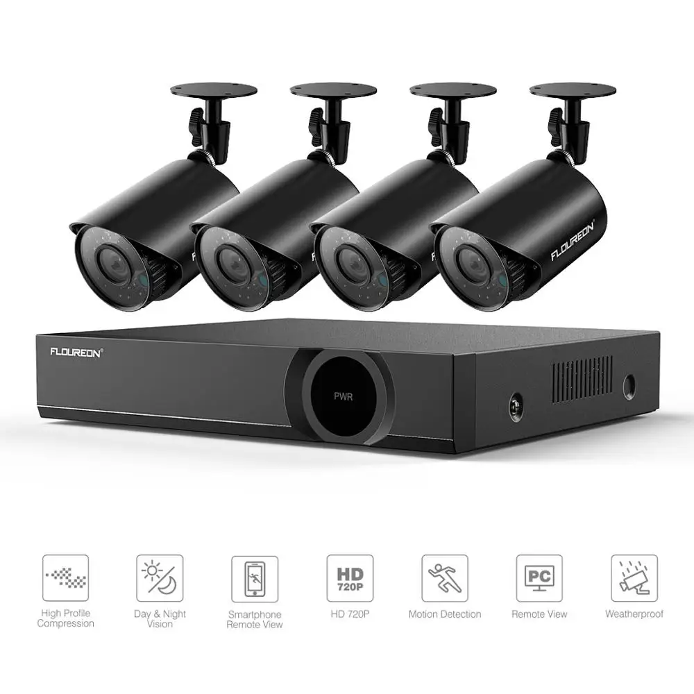 FLOUREON система видеонаблюдения 4CH 1080N DVR рекордер комплект с 4 шт 720p Всепогодная камера безопасности с датчиком движения оповещение по электронной почте