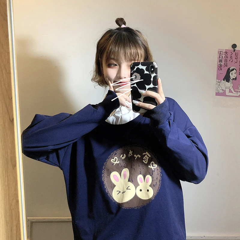 Cute Anime Hoodies Teens Girl Kawaii Rabbit Women's Sweatshirt Soft Long Sleeve Bunny Sweetshirt Green Pink Pullovers 2021 New