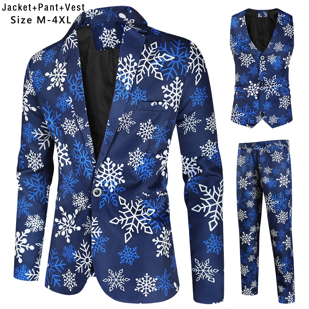 

Men's Fashion Suit Party New Pop Coat Slim Blazer Buttons Suit 3D Christmas Snowflake Print Painting Blazers Jacket Men 3 Piece