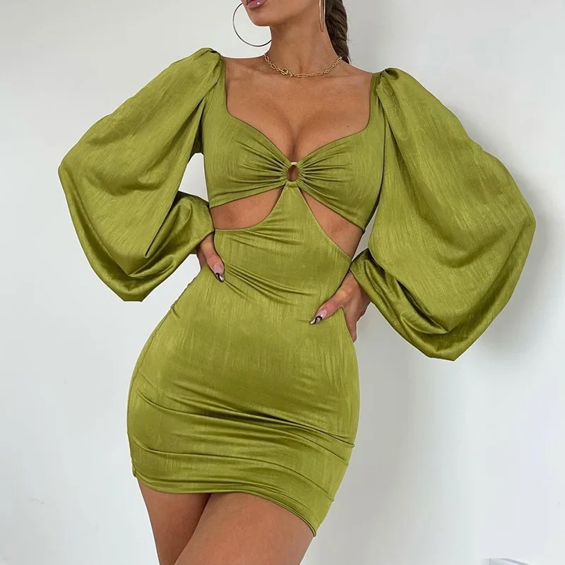 

Za Sexy Green Hollow Out Satin Puff Long Sleeve Top Mini Bodycon Dress Sets 2021 Casual Club Party Wear Autumn Women Streetwear