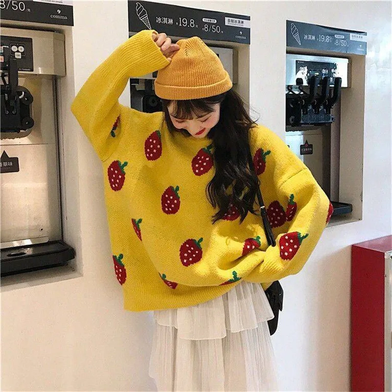 Cute Korean Fashion Ladies Full Sleeve Women Knitting Sweater O-Neck Pullover And Jumper Loose Fruit Print | Женская одежда
