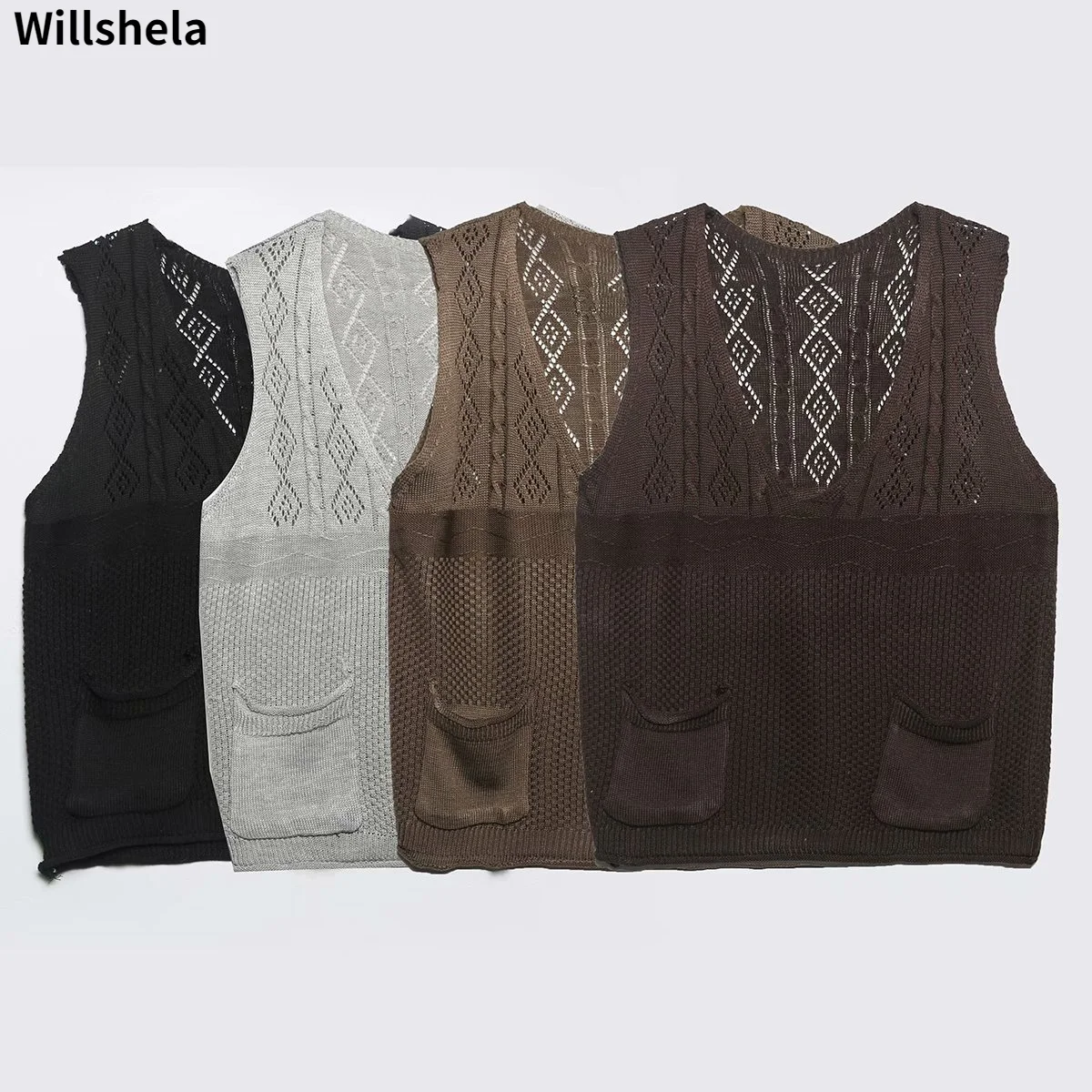 

Willshela Women Fashion With Pockets Knitted Solid Tank Top V-Neck Sleeveless Vintage Sweater Vest Chic Tops
