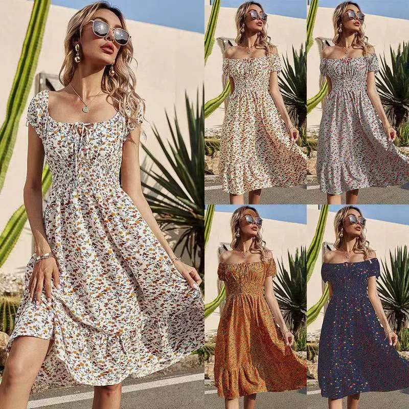 

2021 Summer New Ladies Dress Sexy Fashion Bohemian Square Collar Ruffled Slim Fit Lace Short-sleeved Women's Skirt WE234