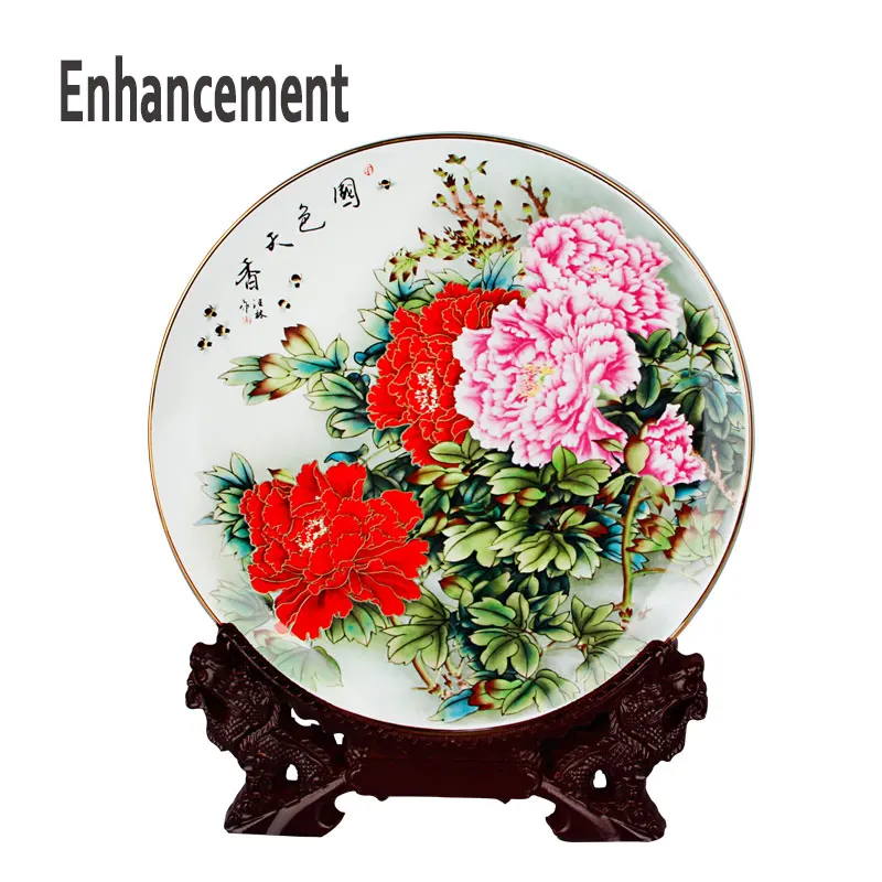 

High Quality Fine Bone China Decoration Plate Chinese Style Ceramic Plate Wood Base Porcelain Bedroom Art Decorative Plate