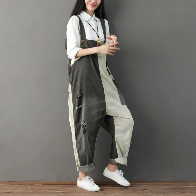 

Lady Retro Stitching Jumpsuit Women Washed Denim Jumpsuit Summer 2020 Distressed Rompers Womens Ripped Jumpsuit