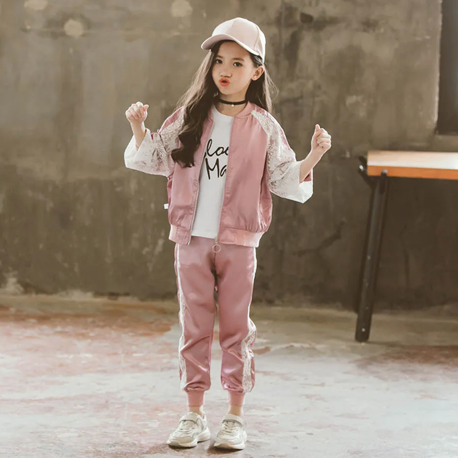 Спортивная одежда для девочек кружевная в полоску куртка + штаны детская
