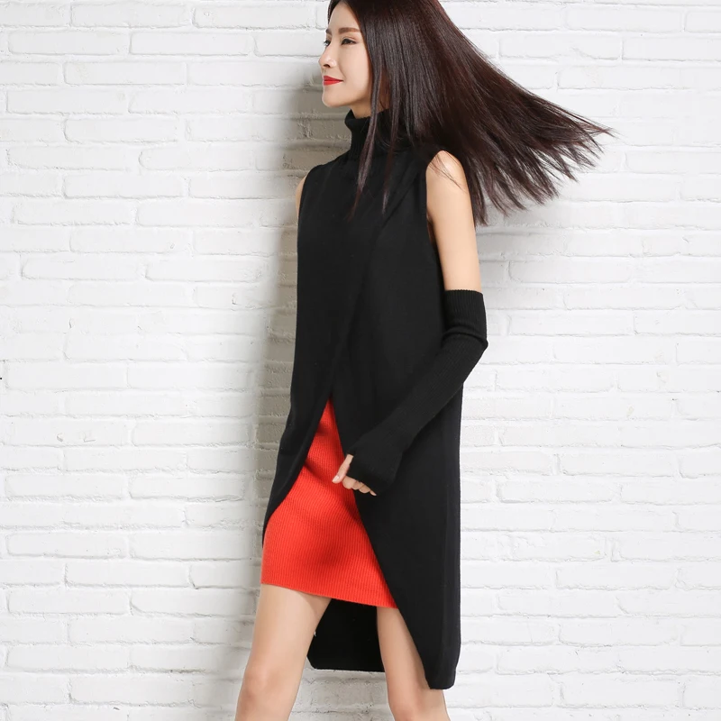 Женский длинный тонкий пуловер с высоким воротником без рукавов вязаный жилет