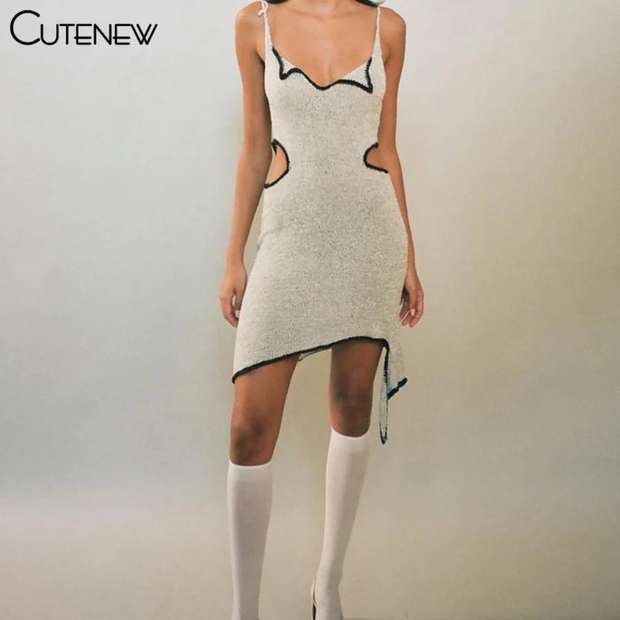 

Cutenew Sexy Hollow Out Sling Mini Dress Women's ​Outfits Summer Asymmetry V-Neck Sleeveless Skinny Irregular Solid Lady Dresse