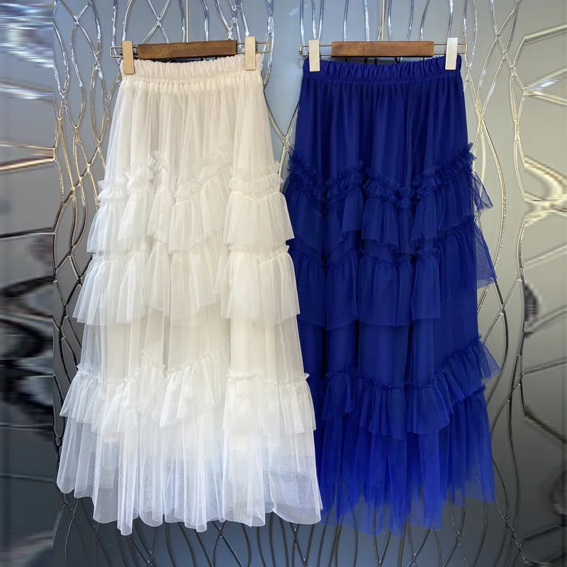 

2021 summer women fashion ruffles patchwork mesh long skirts elastic waist solid maxi skirt royal blue white Y477