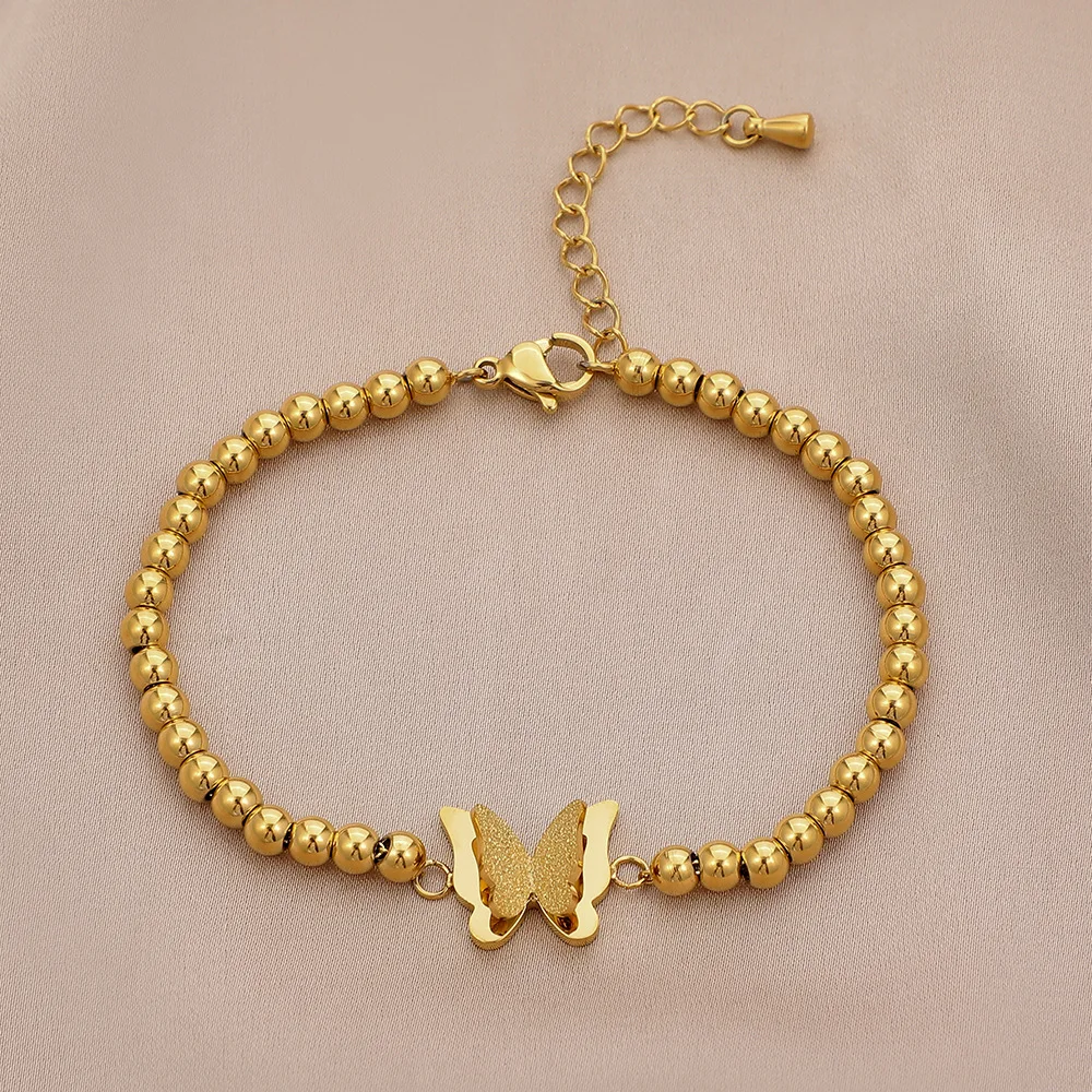 

MEYRROYU Stainless Steel Gold Color Butterfly Bead Bracelet For Women 2021 Trend Romantic Party Gift Fashion Jewelry Wholesale