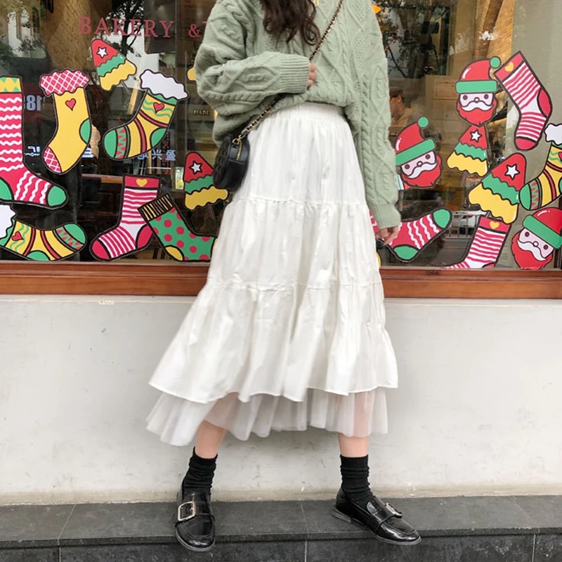 

Skirts Women Korean Style Loose White Skirt Elegant High Waist A-Line Ruffles Pleated Summer Long Skirt 2021 юбка длинная