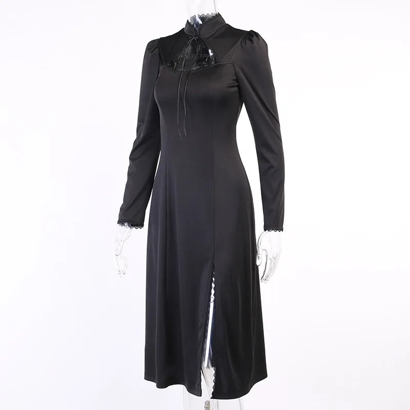 

2021 New Elegant Vintage Puff Long Sleeve Cut Out Stand-up Collar Lace Up Dress Streetwear Cheongsam Lace Slit Midi Dress Black